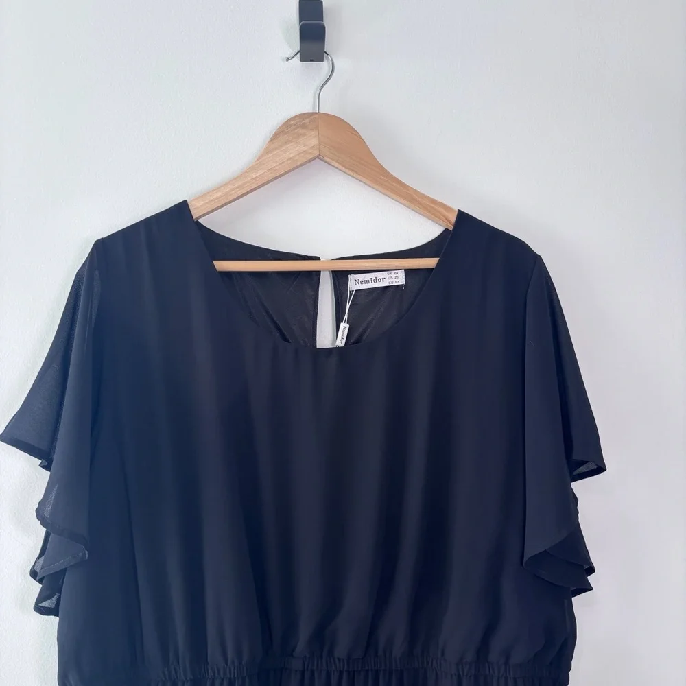 Amazon Black Flutter Sleeve Chiffon A-Line Knee Length Dress Plus Size 20 New - Picture 3 of 10